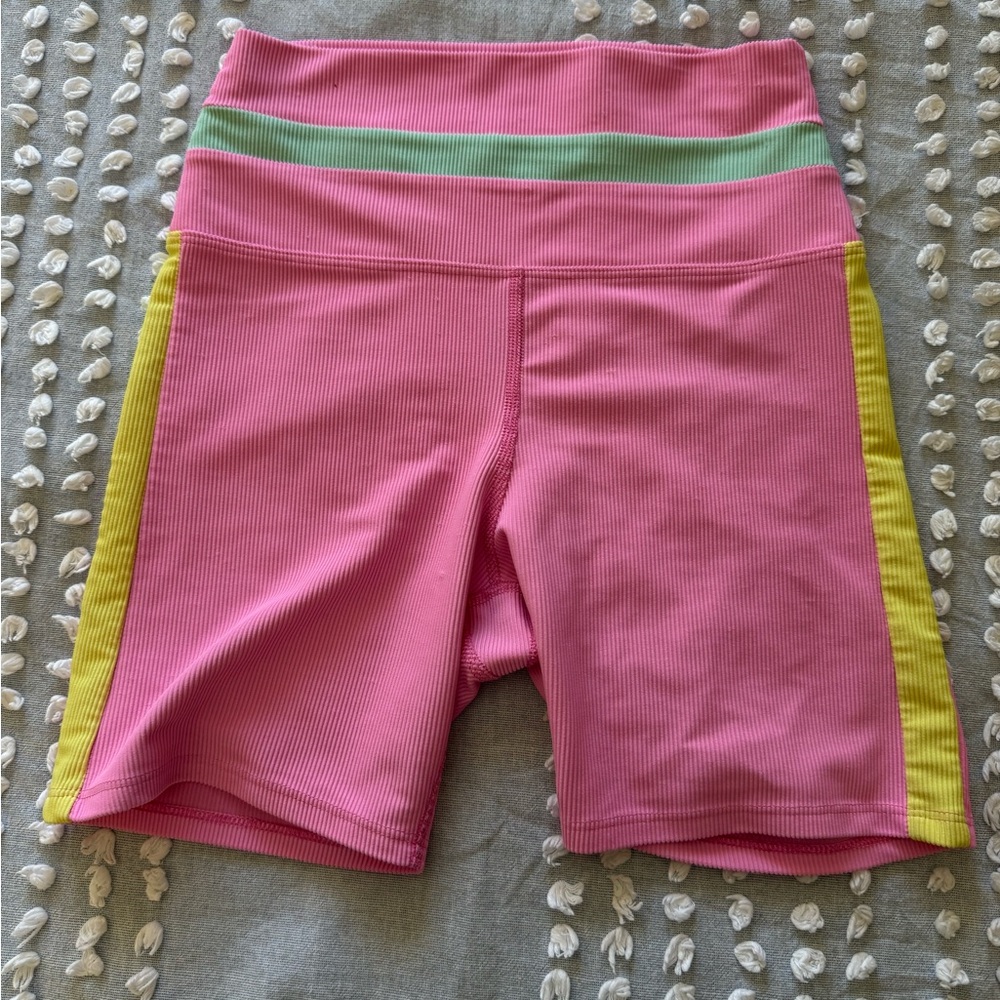 BEACH RIOT•pink and Yellow Striped Biker Shorts